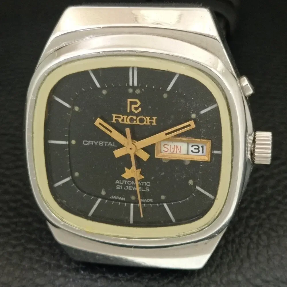 Vintage 1979 Square Ricoh Automatic Mens Silver Watch W/daydate & Gold accents